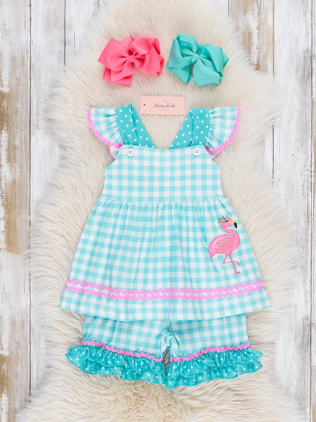 Gingham Embroidered Flamingo Set
