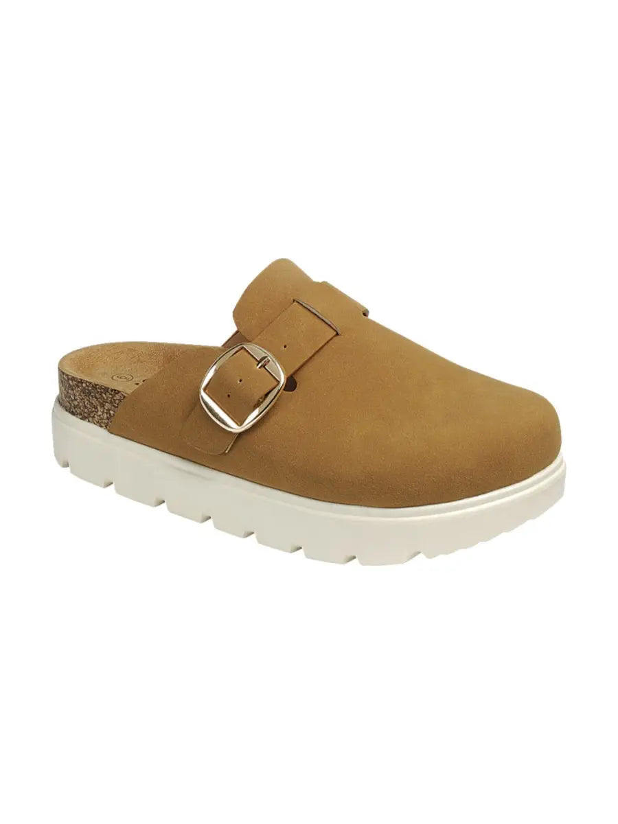 Caramel slip-on clog with buckle and chunky white sole.