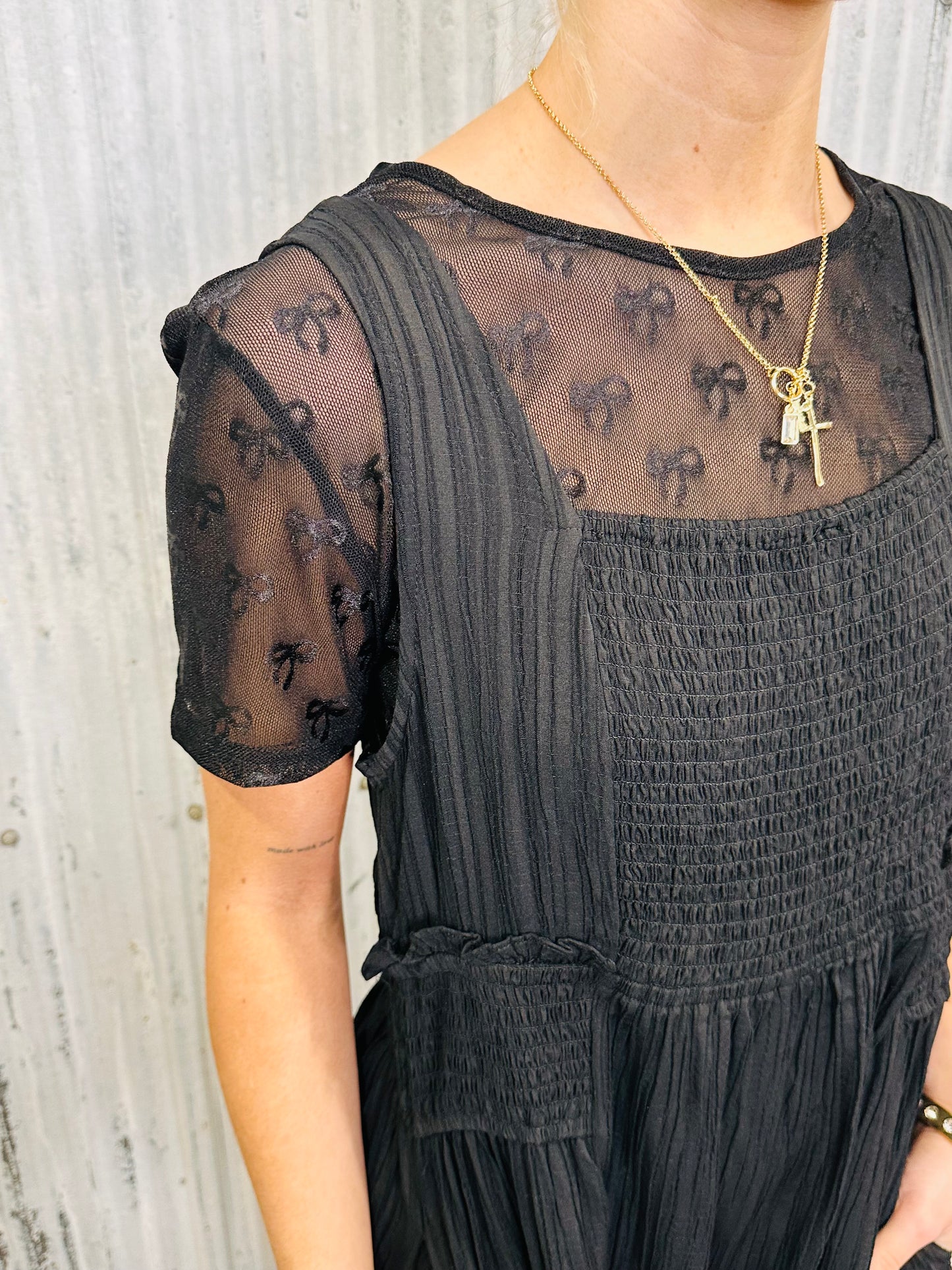 Ribbon Embroidered Mesh Top- Black