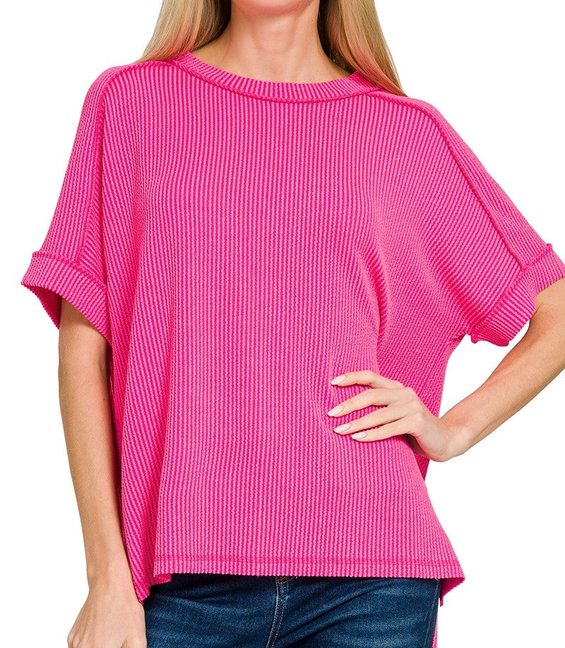 Everyday Ribbed Knit Top-Hot Pink