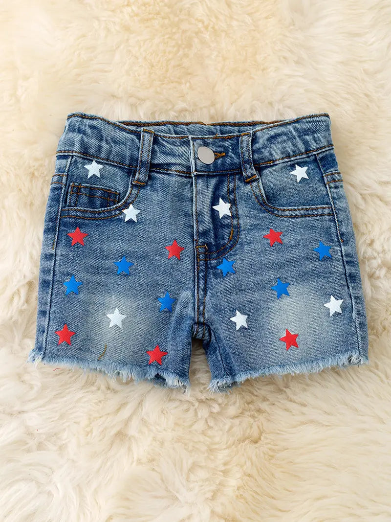Star Printed Girls Denim Shorts