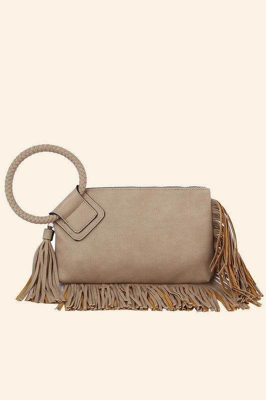 Fringe Detail Faux Leather Wristlet – Taupe