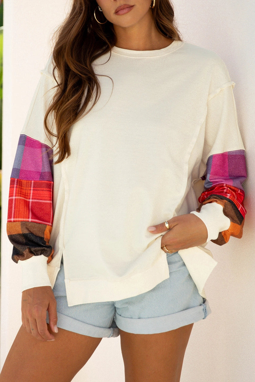 Plaid Sleeve Colorblock Pullover