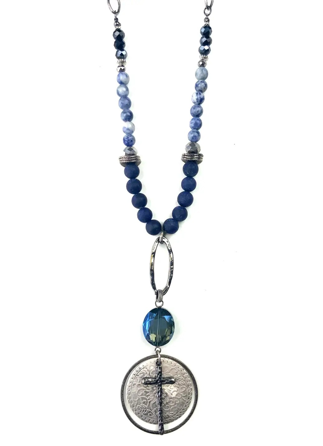 Blue Beaded Necklace With Cross/Metal Pendant