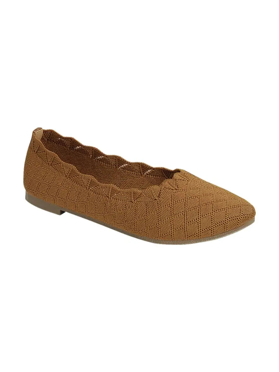 Camel woven knit flat with scalloped trim and almond toe shape.