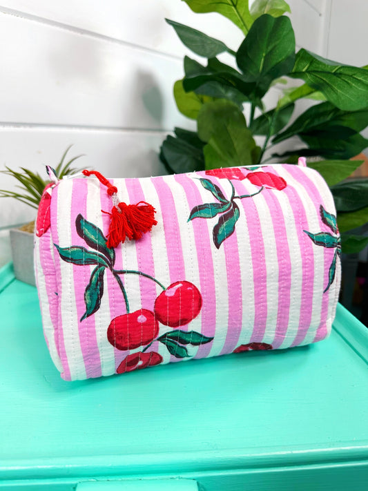 Pink Cherry Quilted Cosmetic Bag