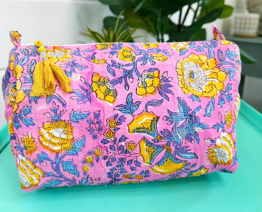 Pink/Yellow Floral Quilted Cosmetic Bag