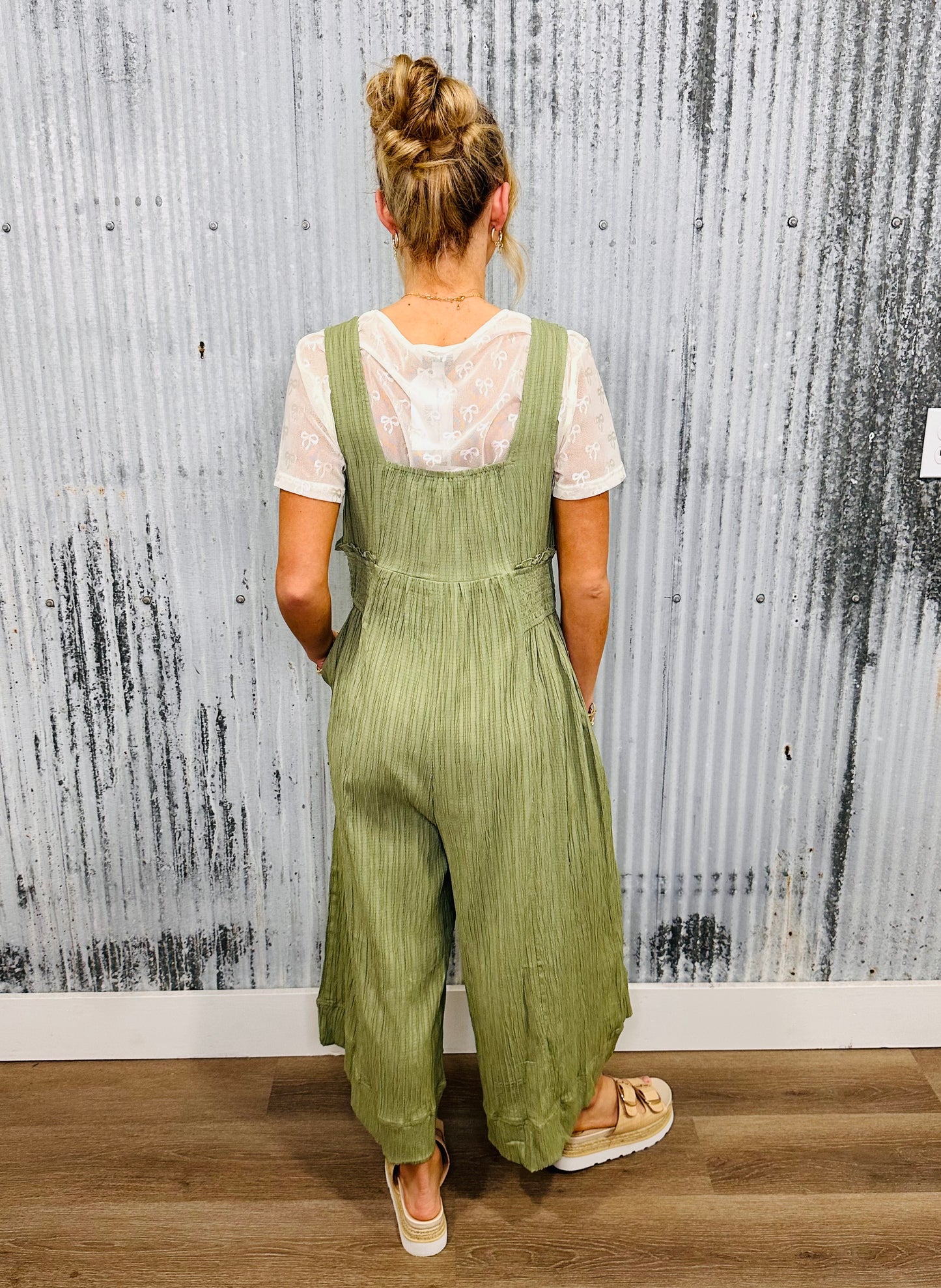 Easy Does It Smocked Jumpsuit- Sage