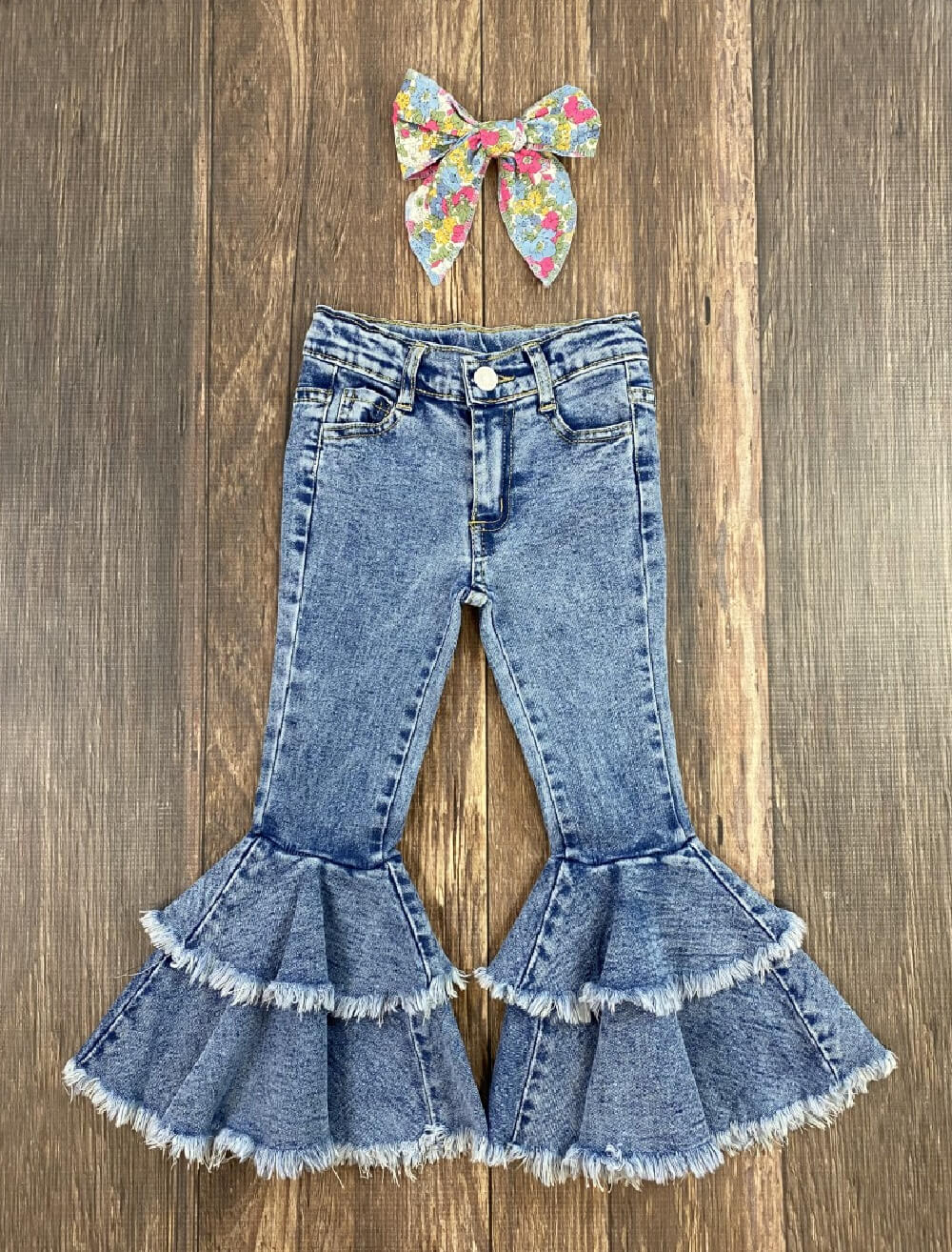 Frayed Double Bell Bottom Girls Jeans
