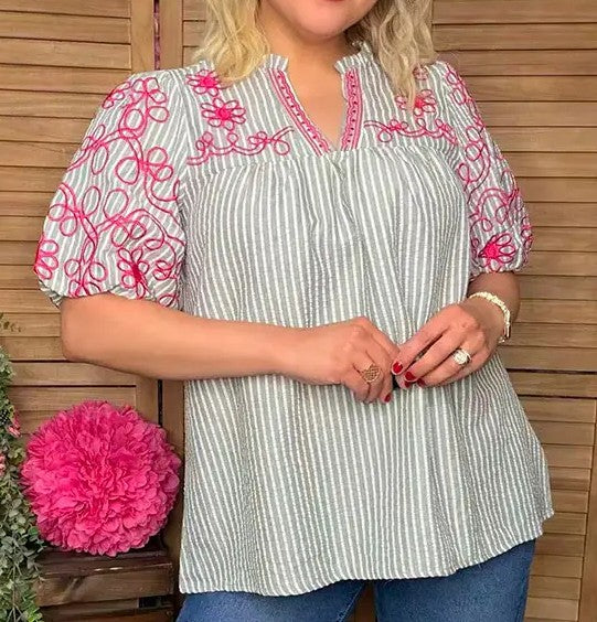 Grey Stripe with Embroidered Puff Sleeves