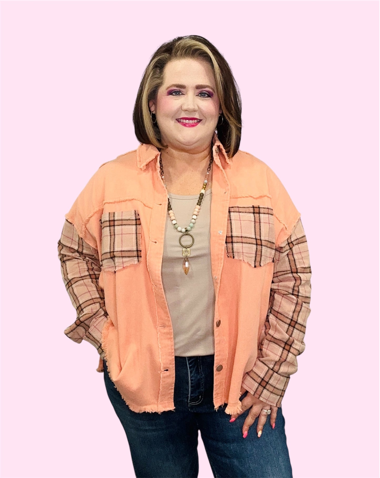 Acid Washed Twill Shacket With Plaid Sleeves