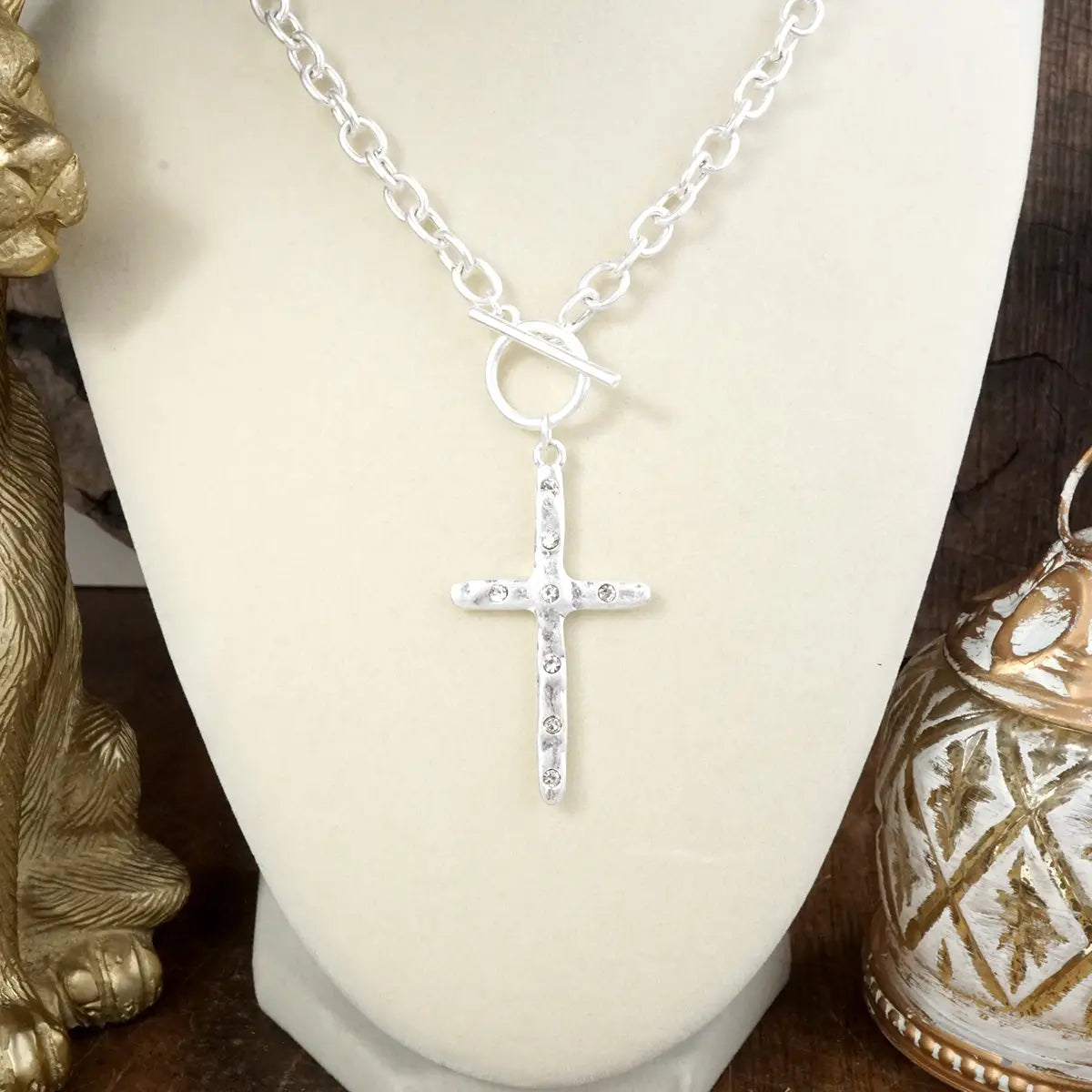 Hammered Cross Toggle Necklace- Silver