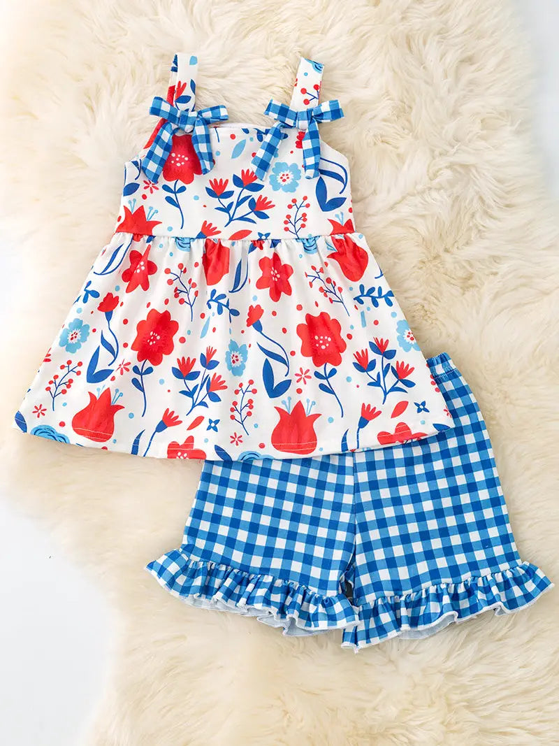 Red Floral Gingham Shorts Girls 2pc Set