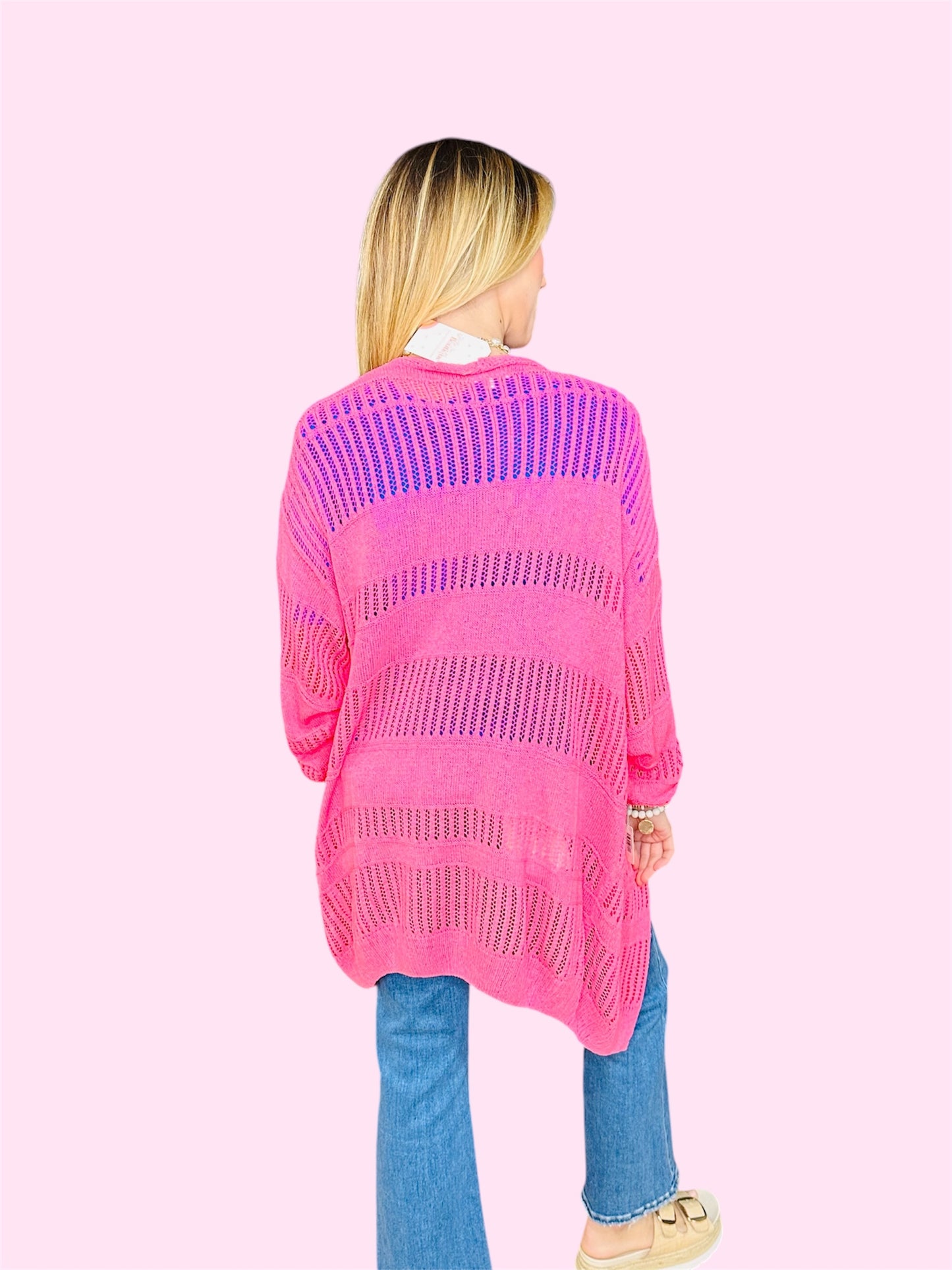 Lightweight Open Weave Sweater Cardigan-Pink