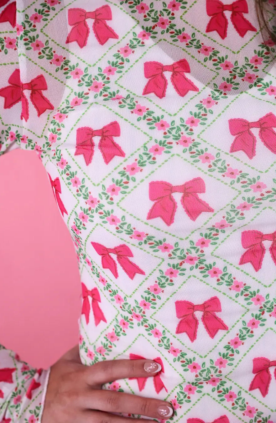 Pink Lattice Bow Mesh Top