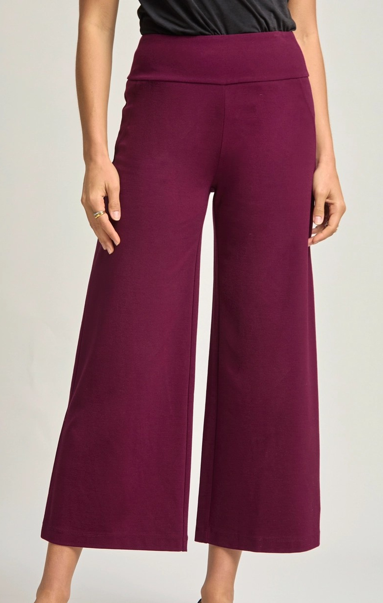 Wine cropped wide leg pants with pull-on waistband, shown on model