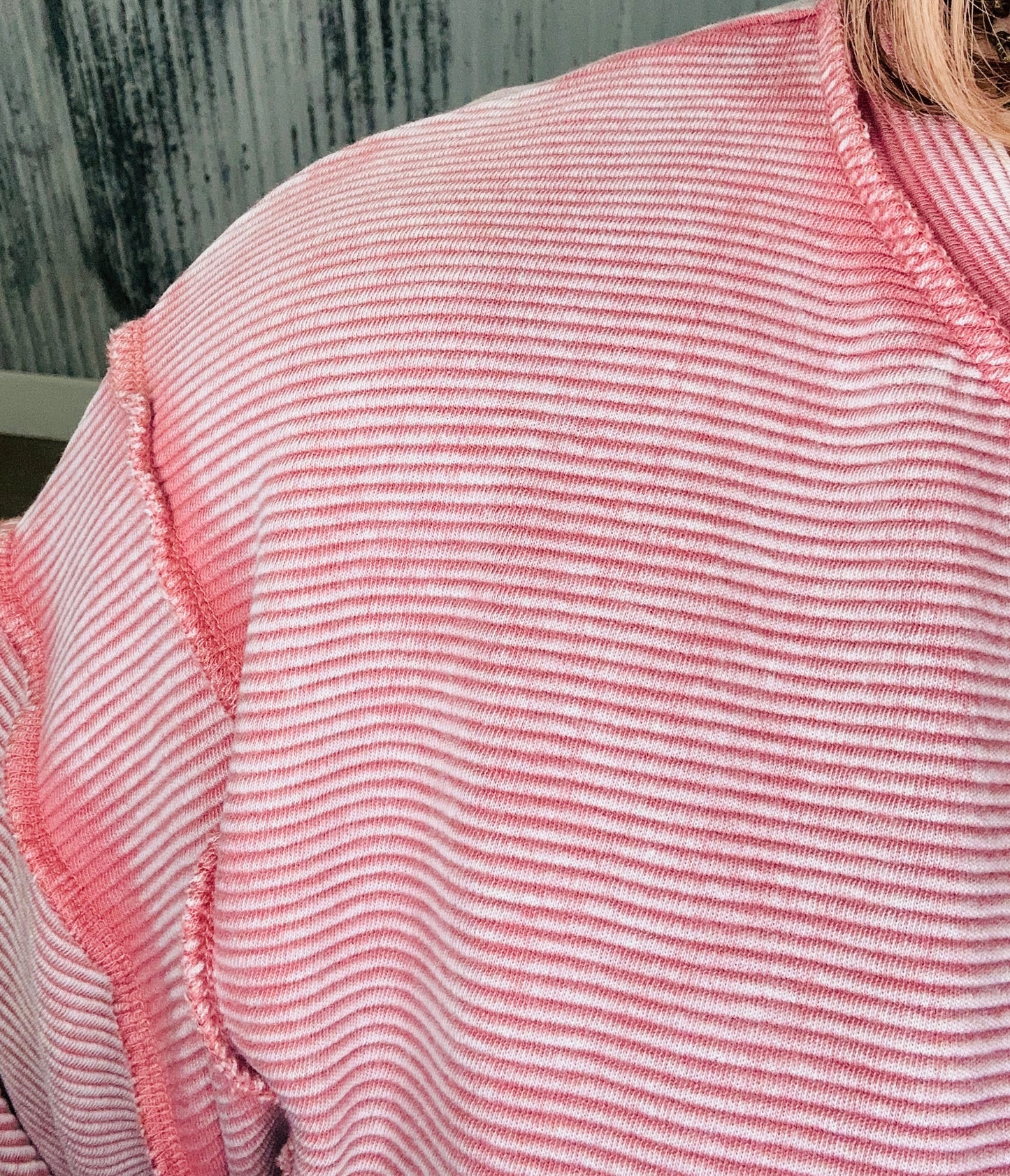 Acid Washed Ribbed Exposed Seam Pullover-Winter Rose