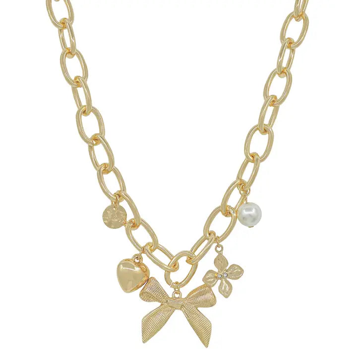 Gold Charm Bow Chain Necklace