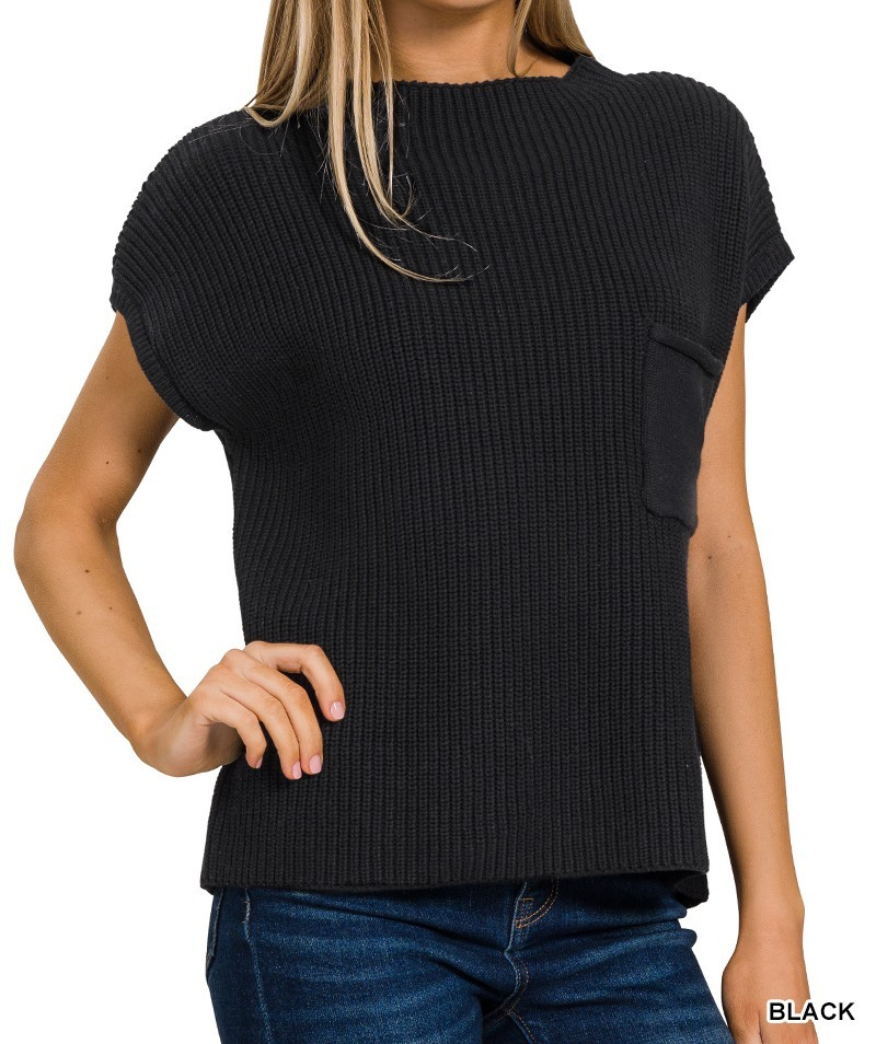 Black ribbed sweater vest with chest pocket and cap sleeves, shown on model with jeans.