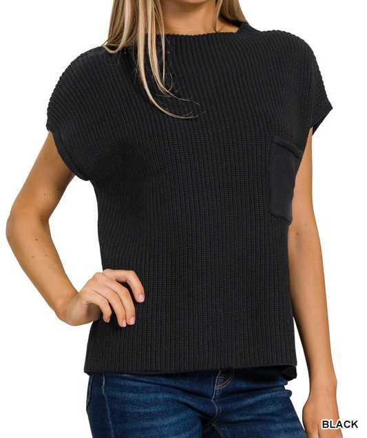 Black ribbed sweater vest with chest pocket and cap sleeves, shown on model with jeans.