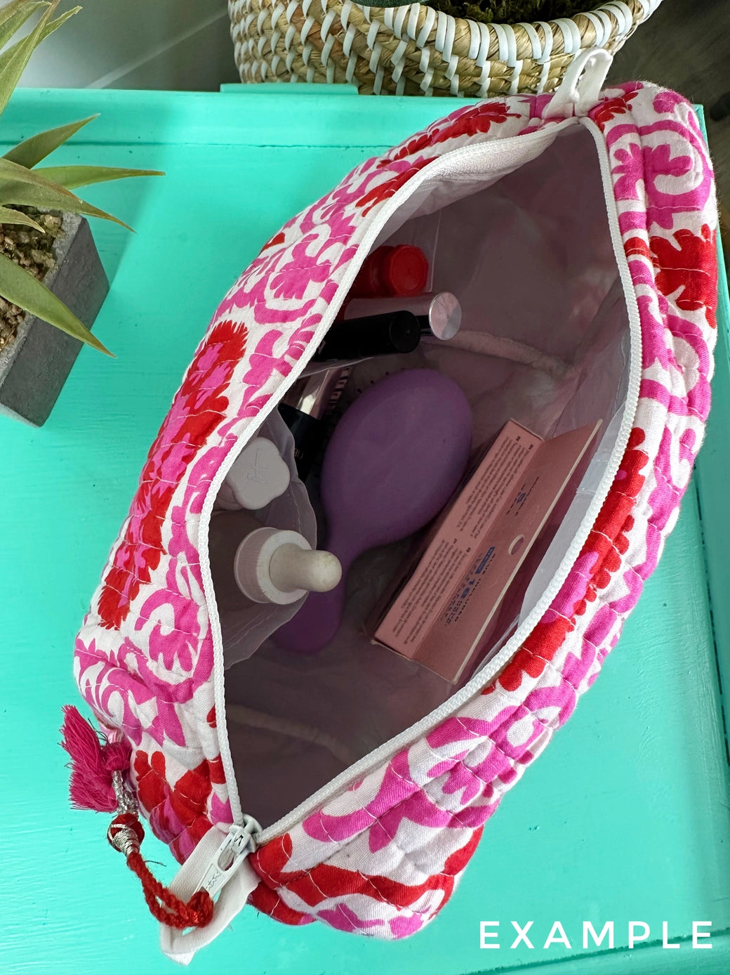 Pink Cherry Quilted Cosmetic Bag