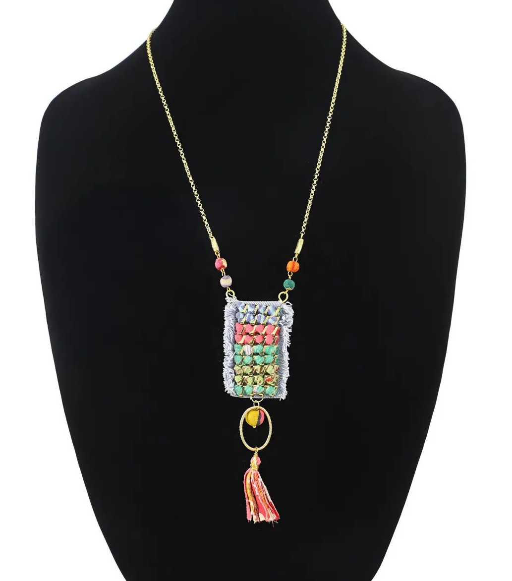 Denim Fringe Fabric Pendant Necklace