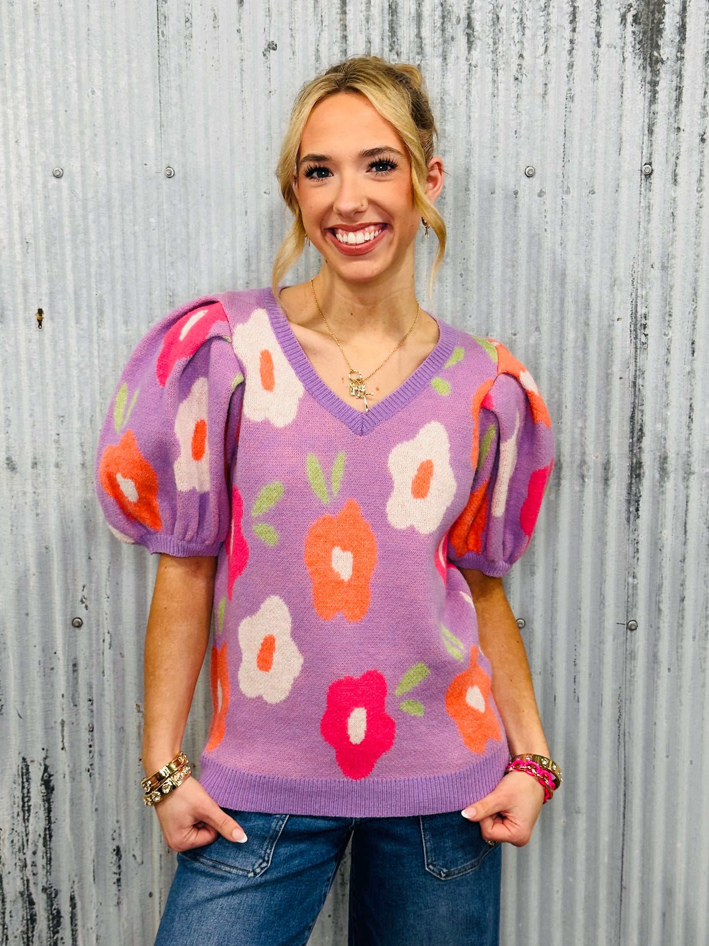 Petal Pop Puff Sleeve Sweater-Lavender