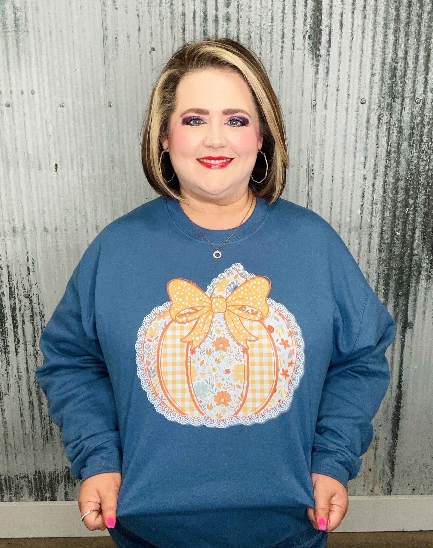 Fall Patchwork Pumpkin Bow Sweatshirt