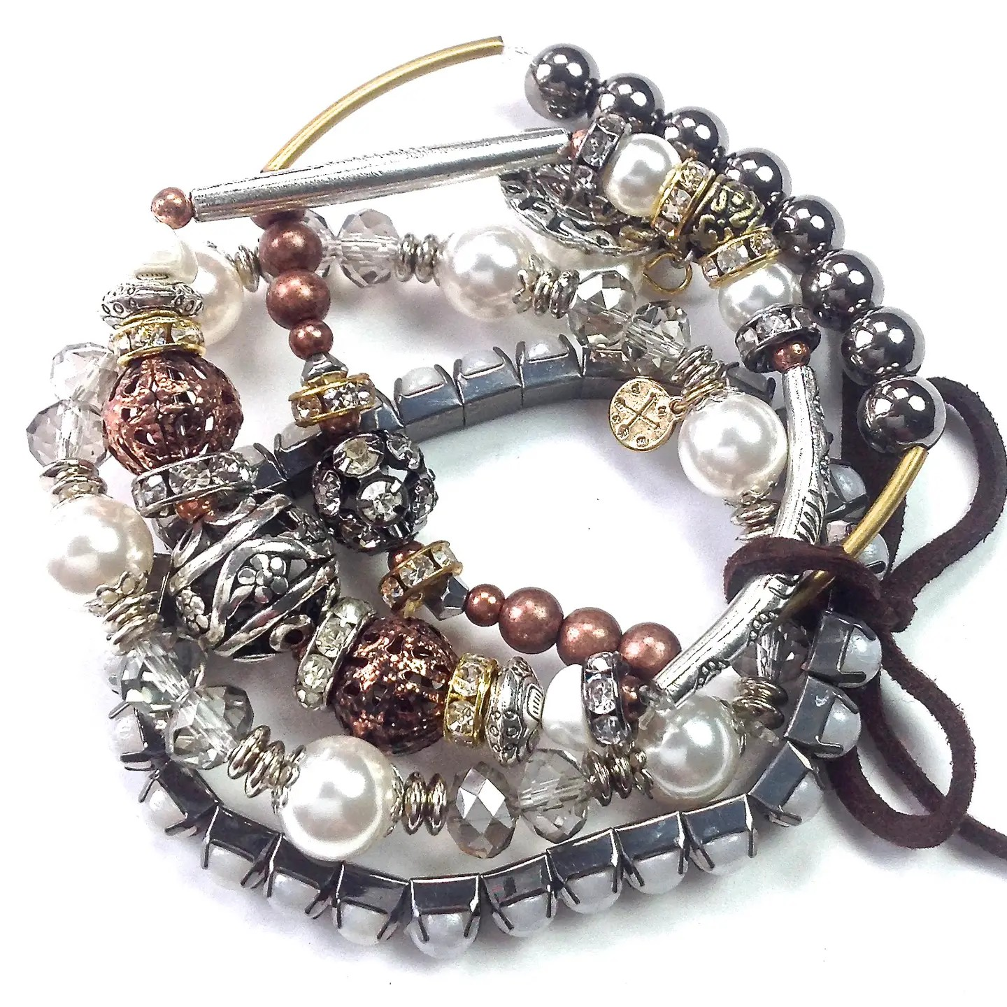 4-Strand Pearl and Metal Bead Stretch Bracelet Set