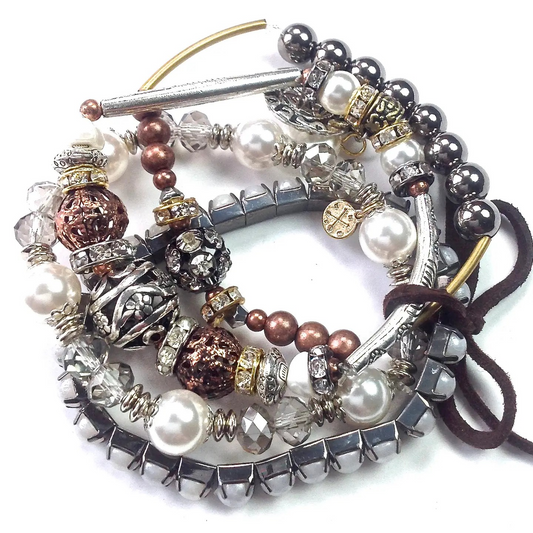 4-Strand Pearl and Metal Bead Stretch Bracelet Set