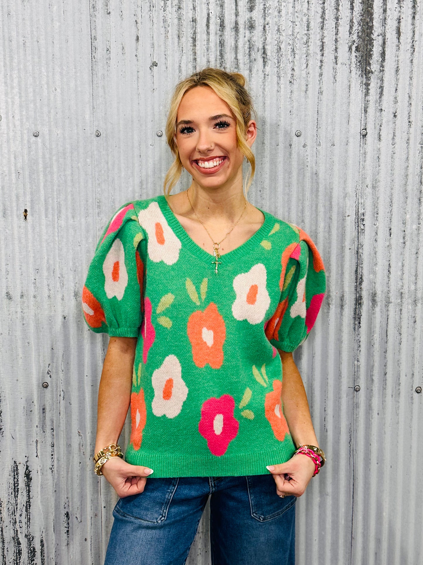 Petal Pop Puff Sleeve Sweater-Emerald