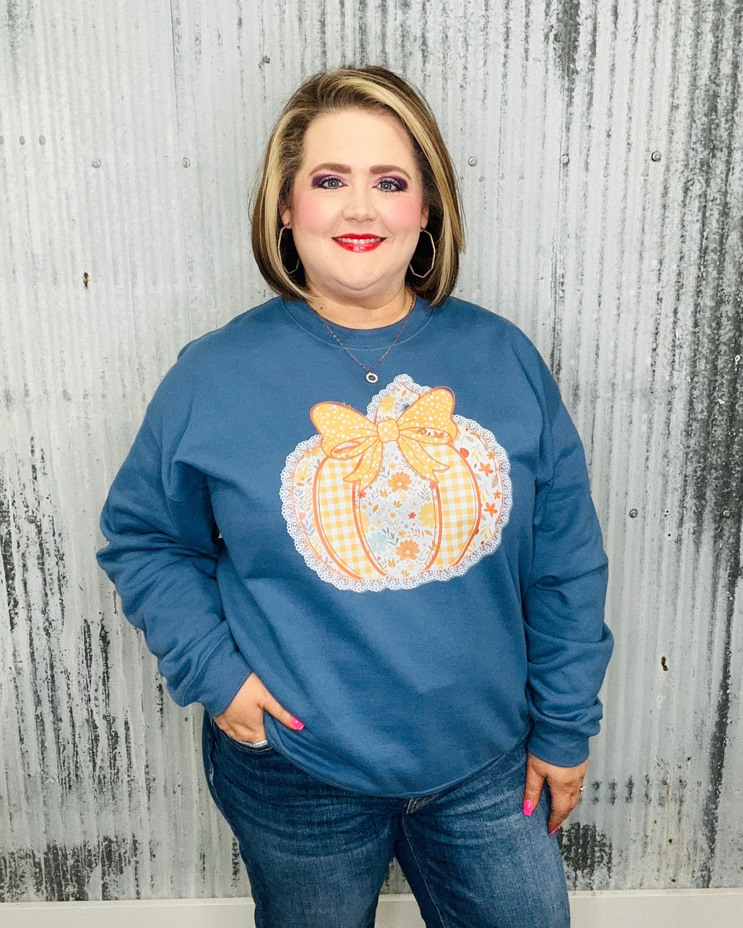 Fall Patchwork Pumpkin Bow Sweatshirt