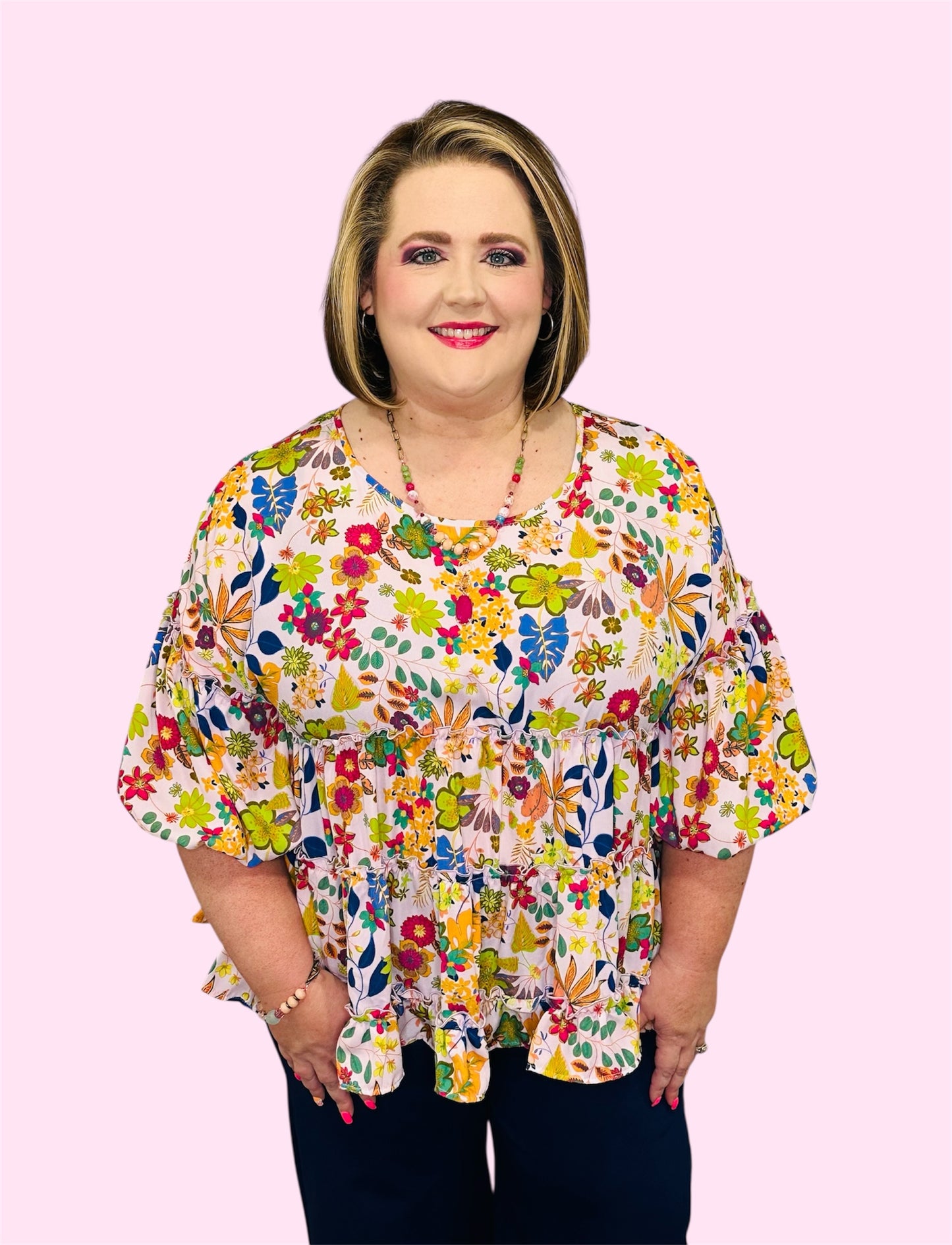 Vibrant Floral Ruffle Tiered Top