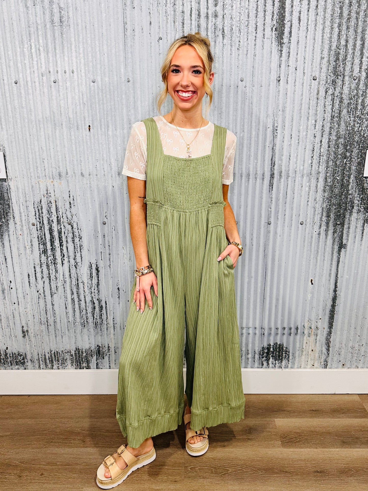 Easy Does It Smocked Jumpsuit- Sage
