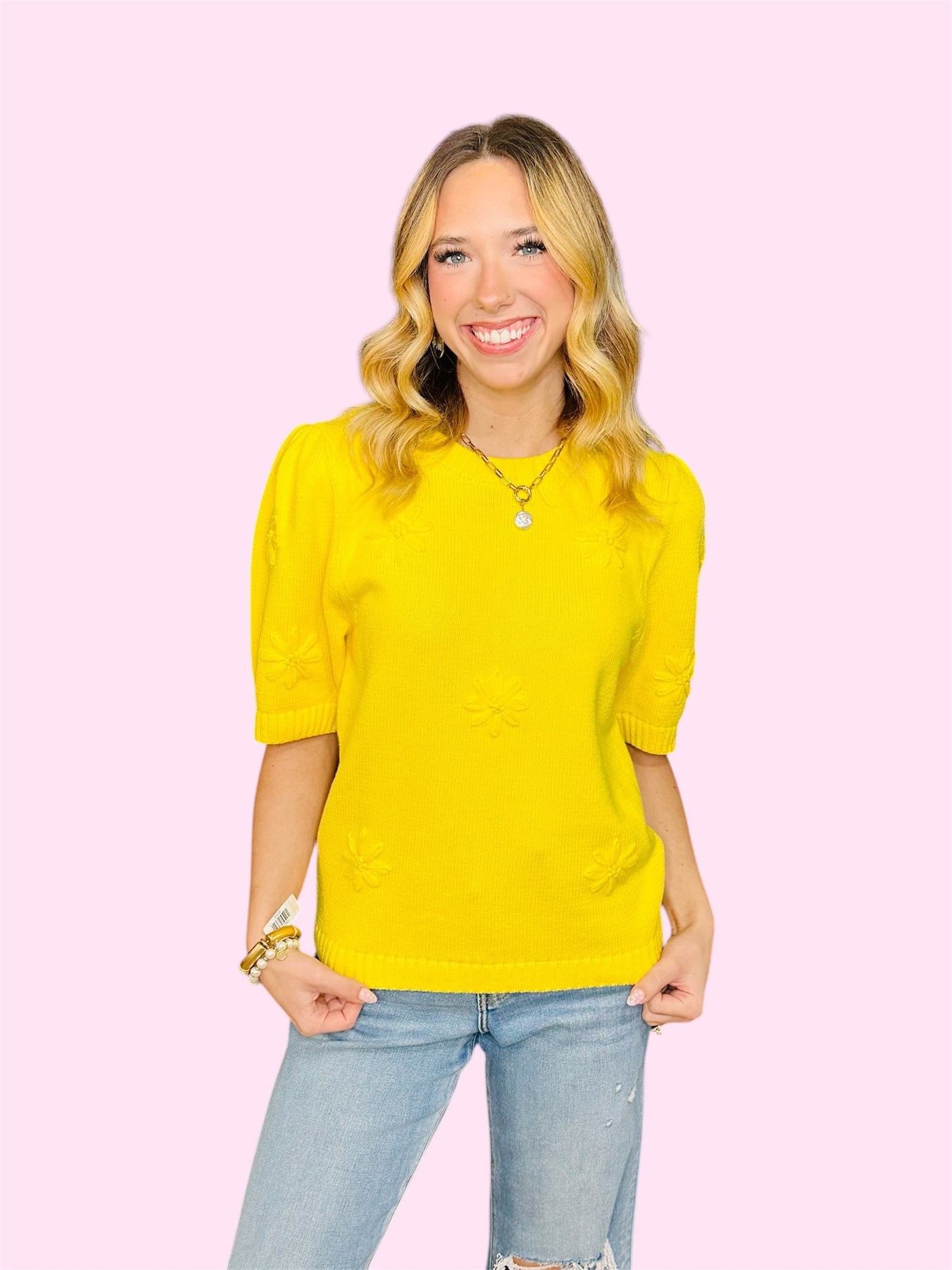Knitted Short Sleeve Sweater-Lemon