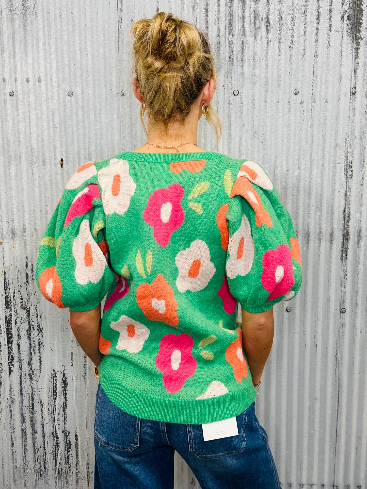 Petal Pop Puff Sleeve Sweater-Emerald