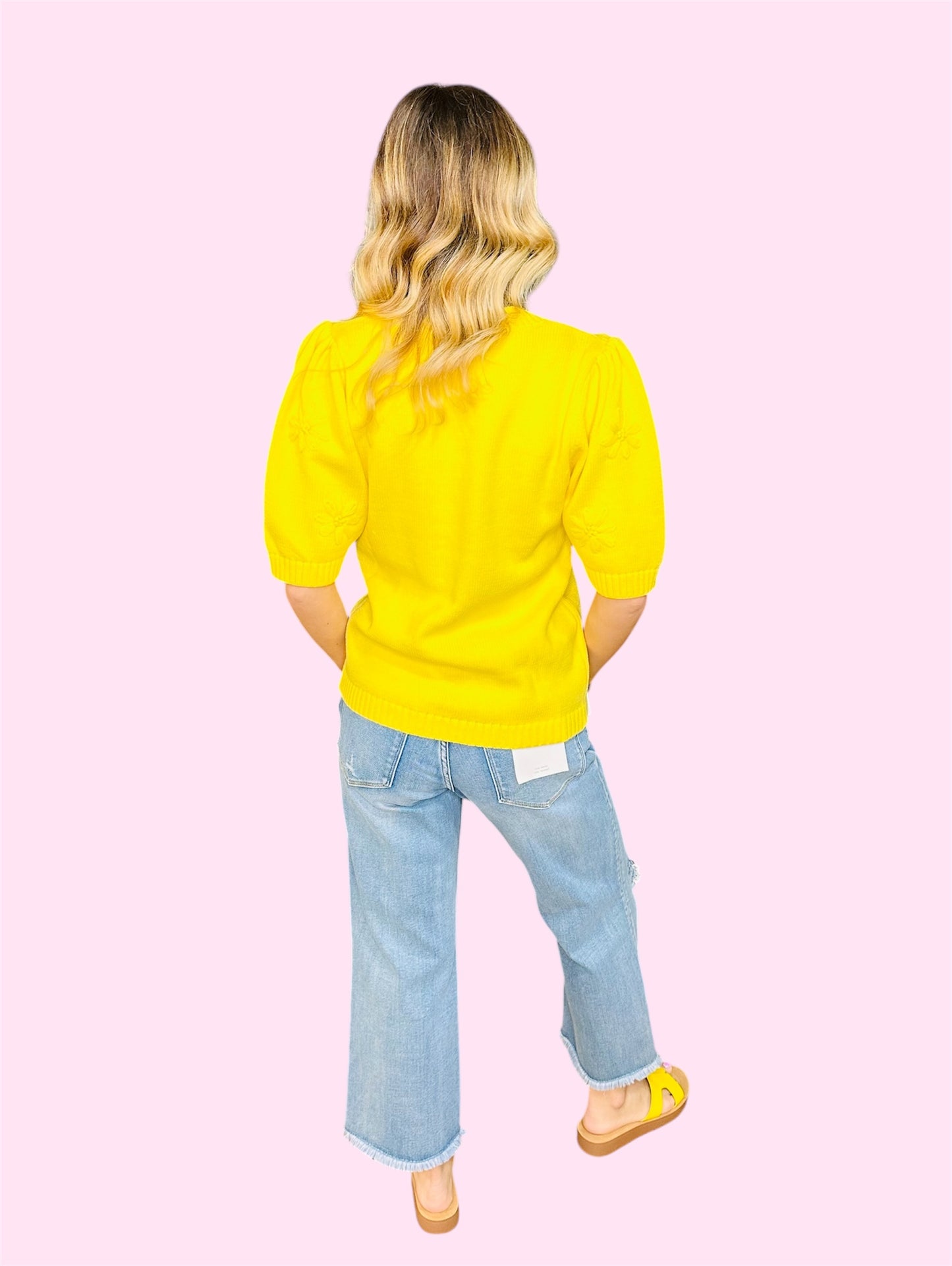 Knitted Short Sleeve Sweater-Lemon