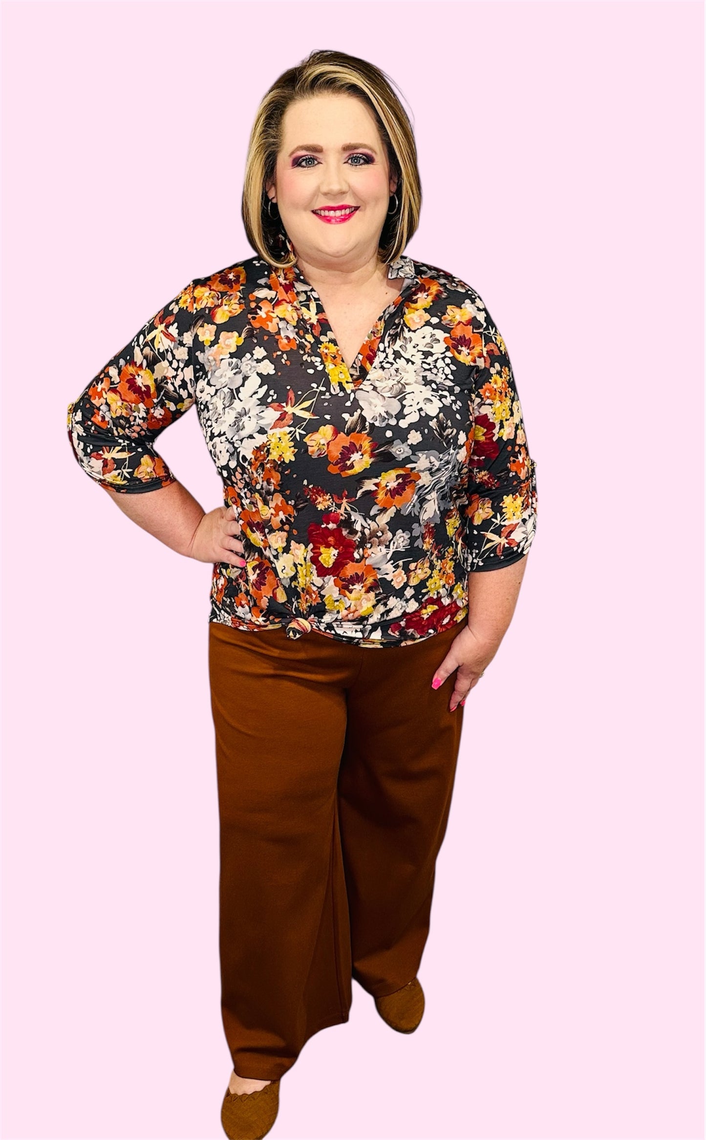 Autumn Bloom Roll-Up Sleeve Top