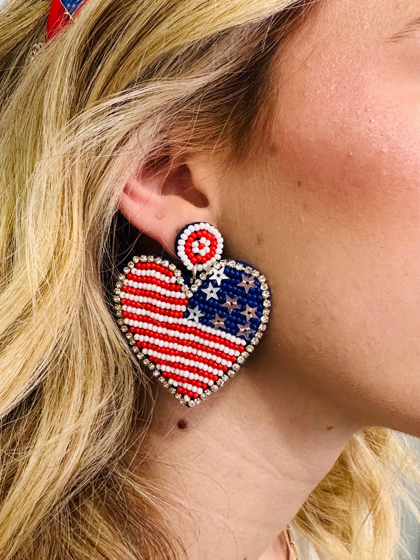 Beaded Patriotic Heart Earrings