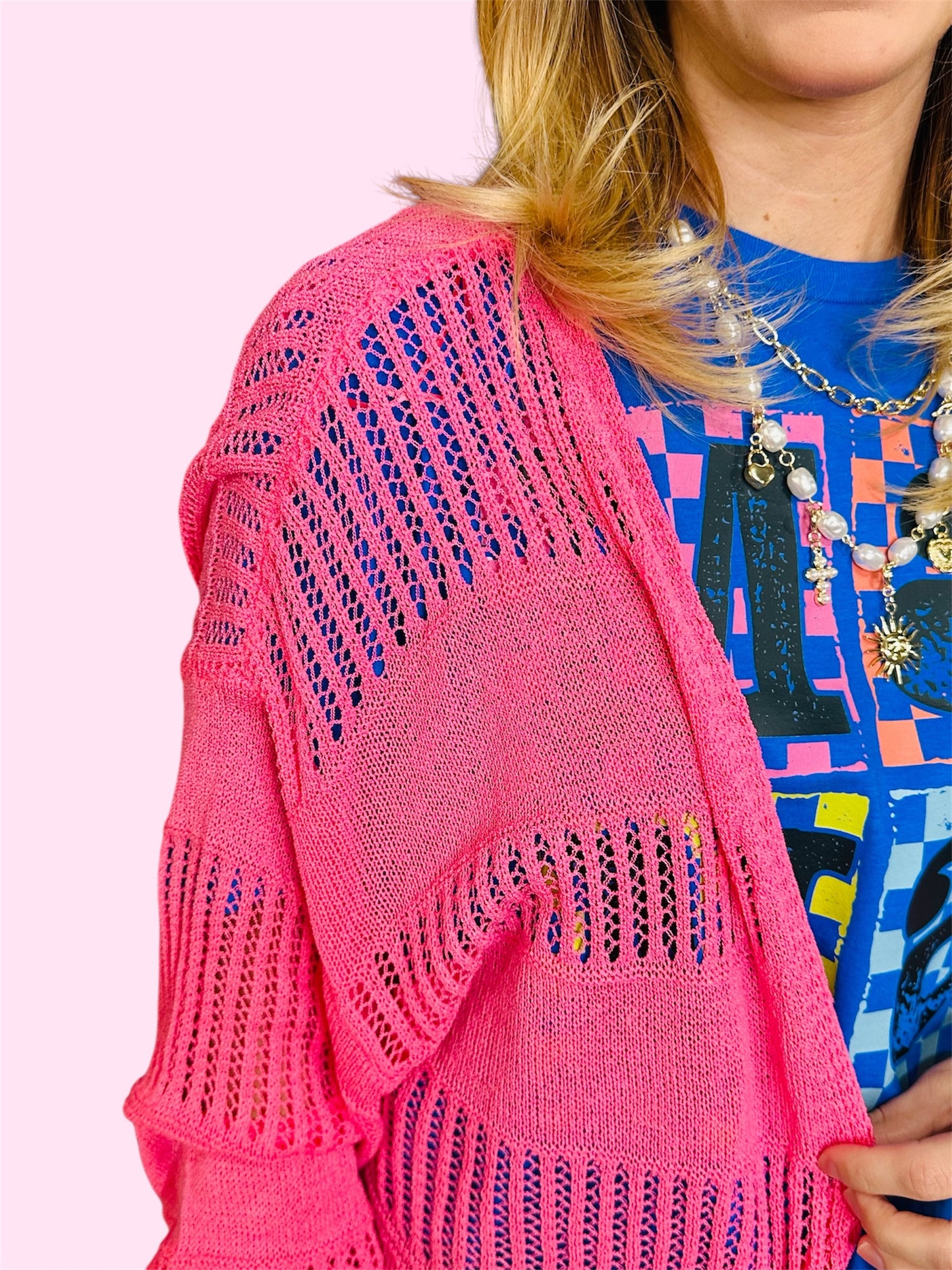Lightweight Open Weave Sweater Cardigan-Pink