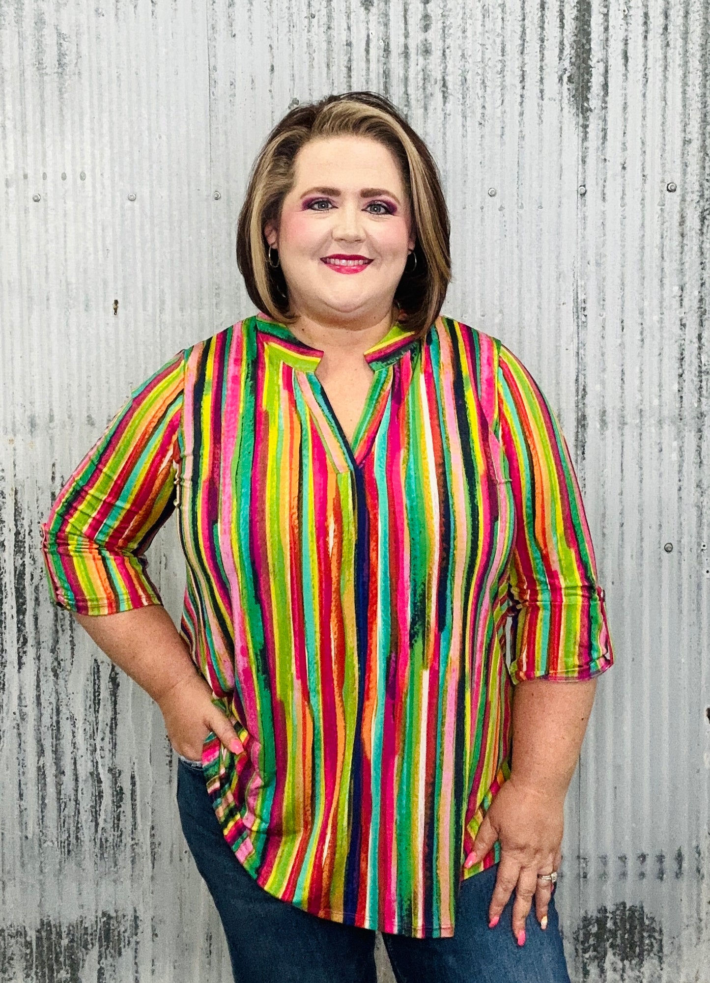 Multicolor Striped V-Neck Lizzy Top with Roll-Tab Sleeves