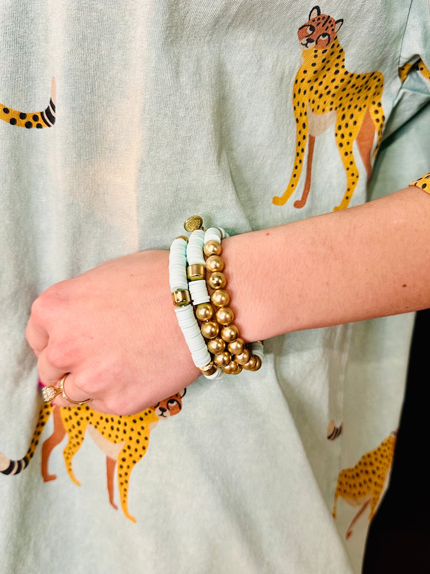 3-Strand Metal Bead and Mint Disc Bracelet