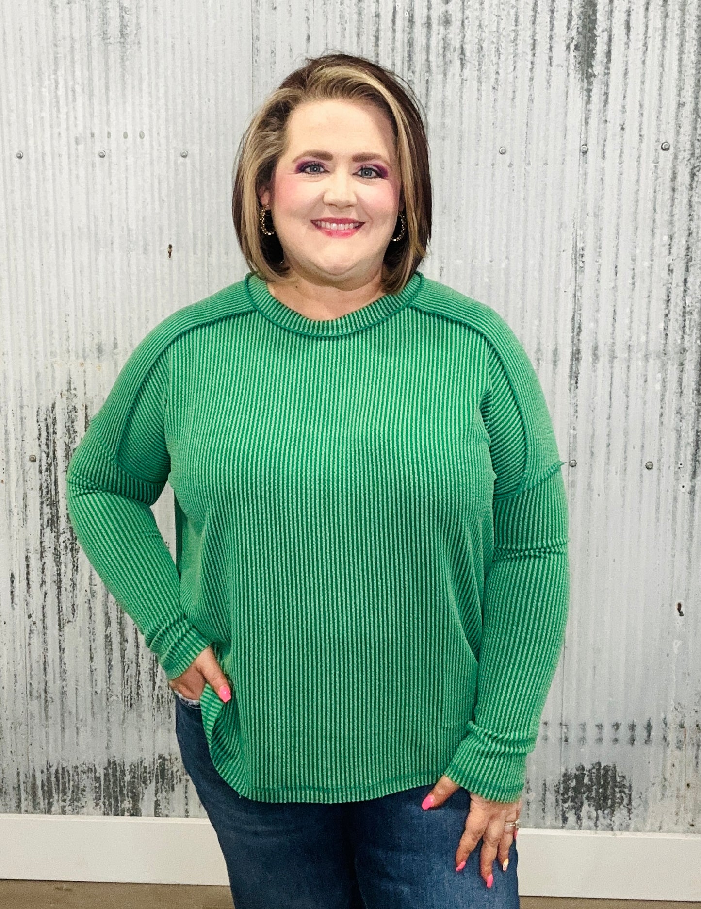 Dark Green Ribbed Long Sleeve Top