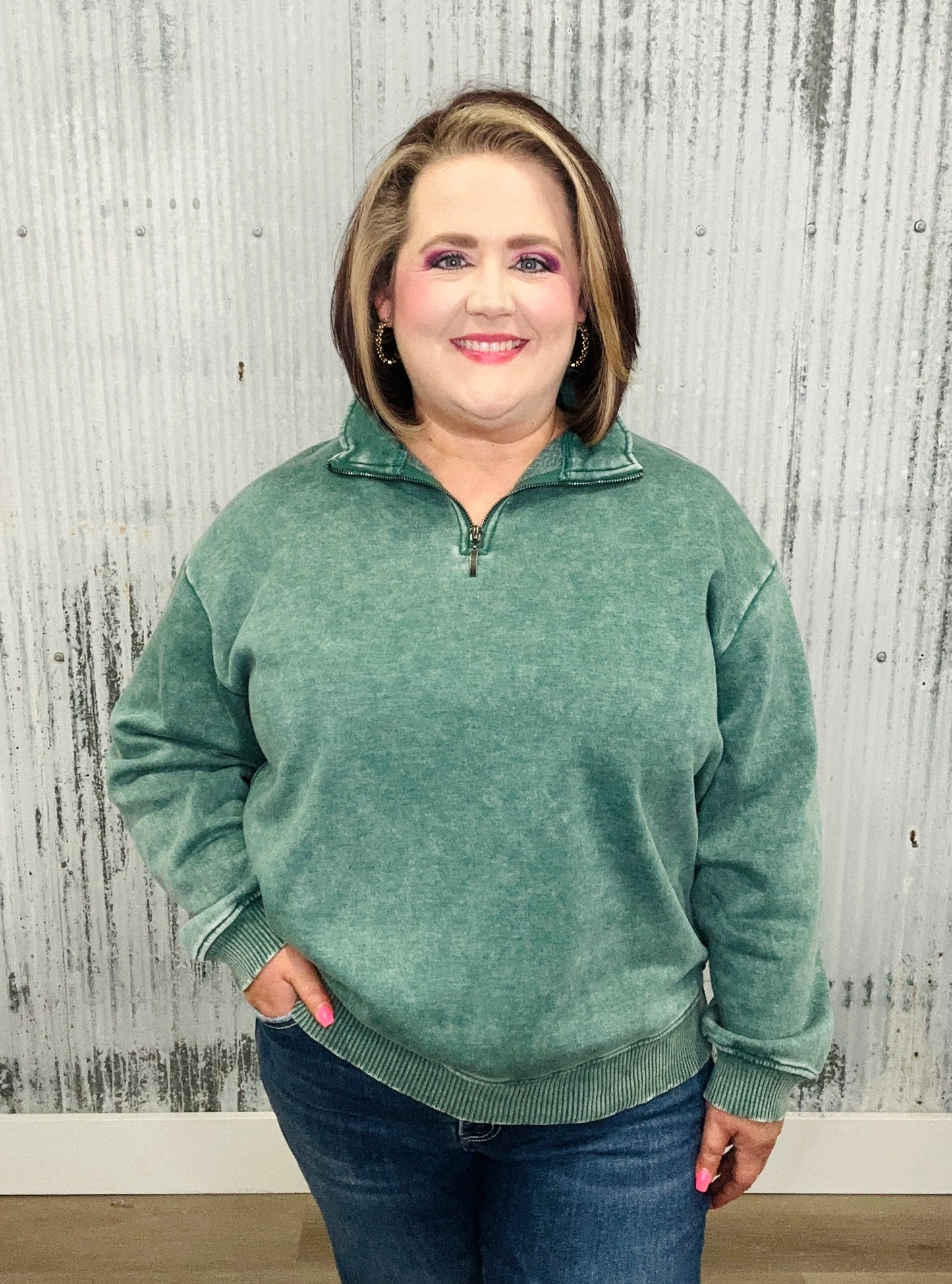 Acid Washed Fleece Half Zip Pullover-Green