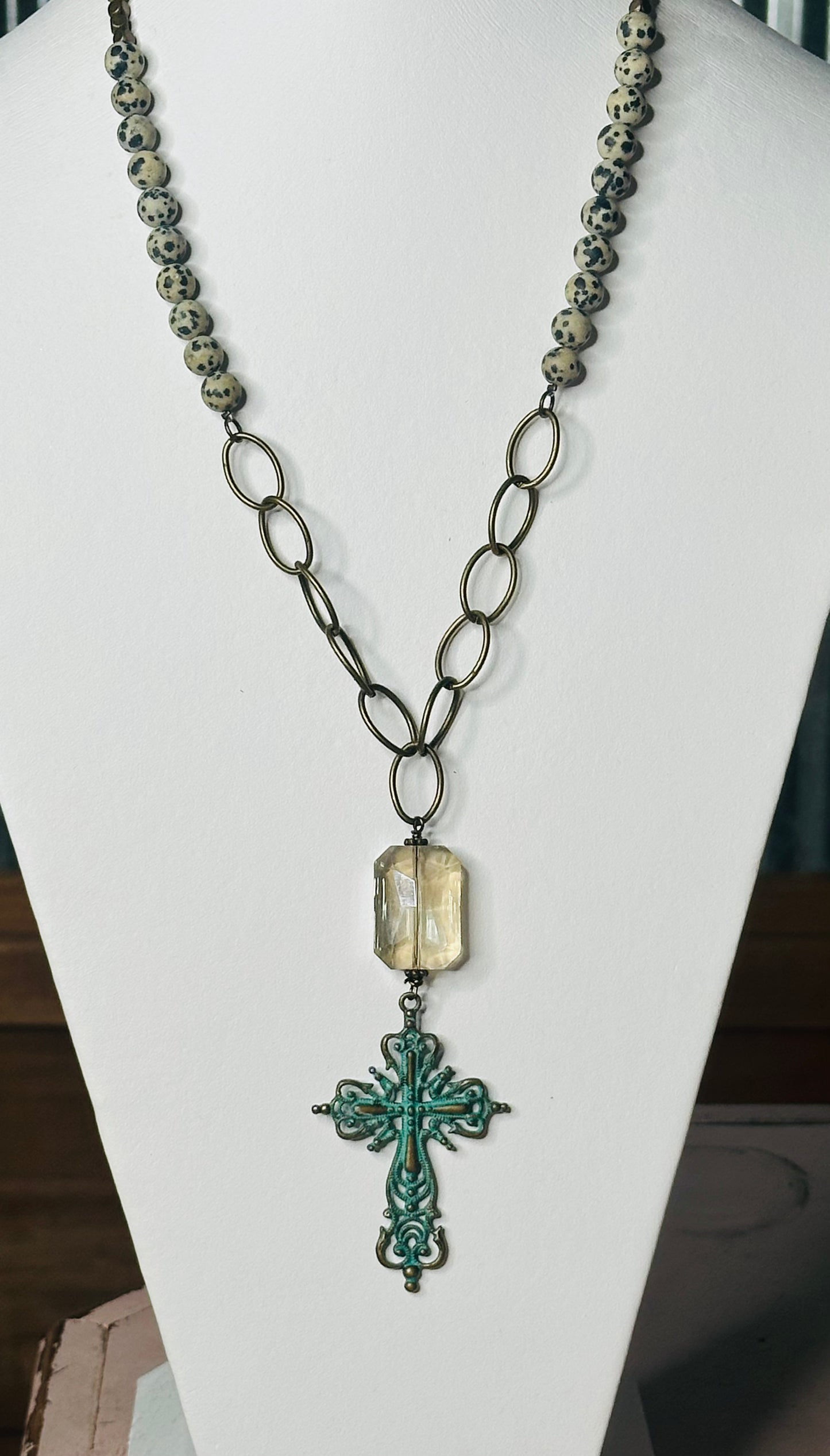 Dalmation Beaded Necklace w/Patina Cross