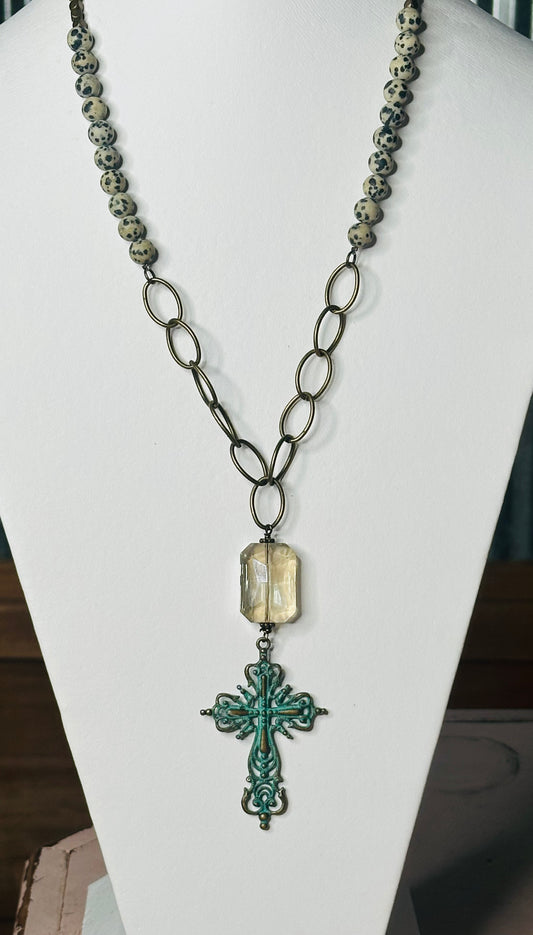 Dalmation Beaded Necklace w/Patina Cross