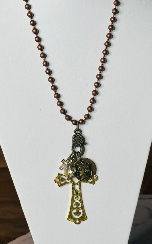 Gold Cross Pendant on Copper Chain Necklace