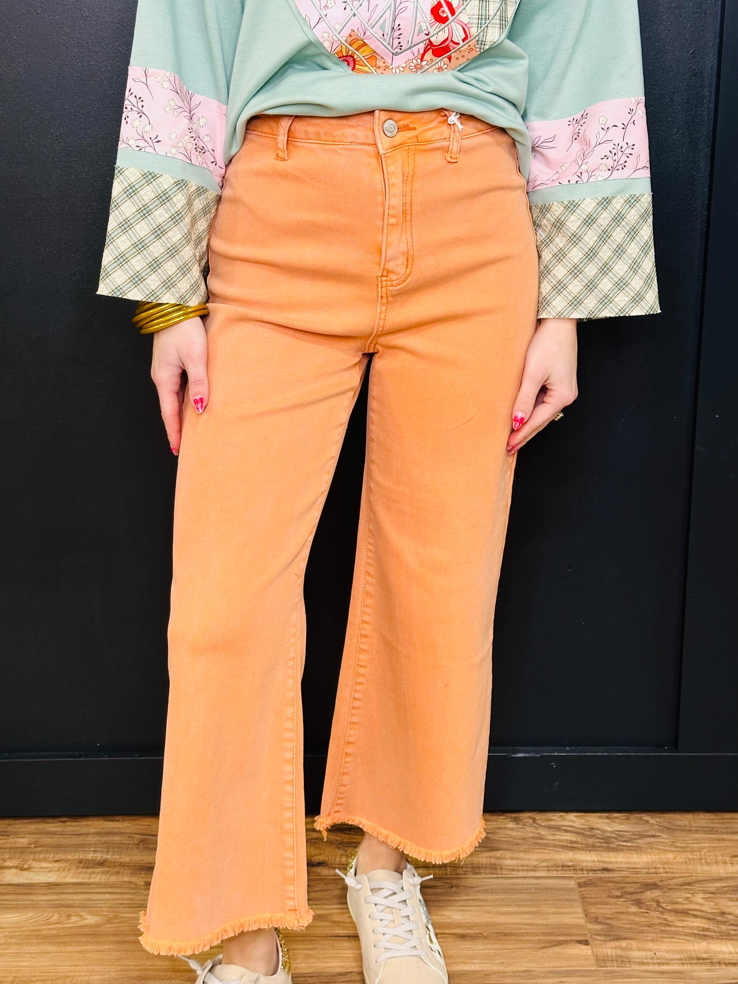 Acid Washed High Waist Frayed Hem Pants-Orange