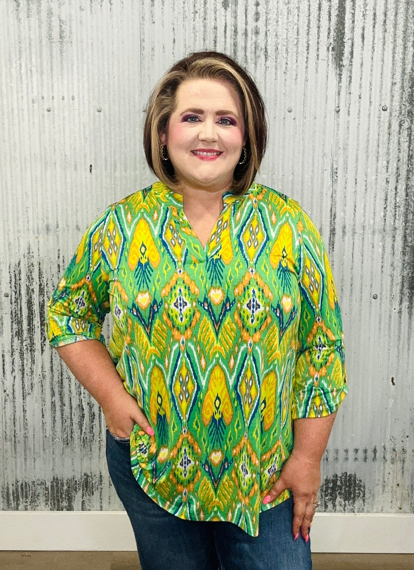 Vibrant Ikat Print Roll-Tab Sleeve Lizzy Top
