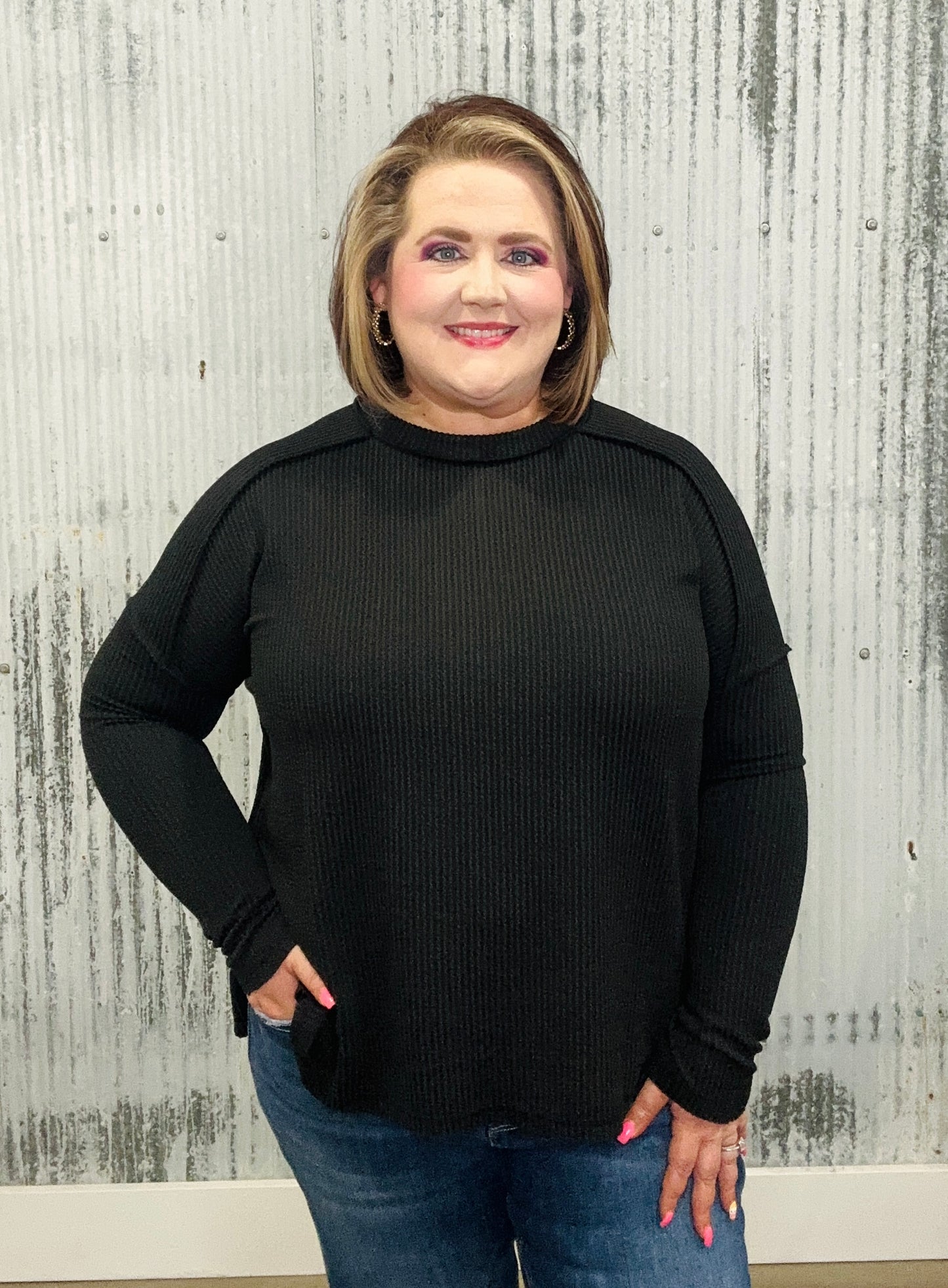 Black Ribbed Long Sleeve Top